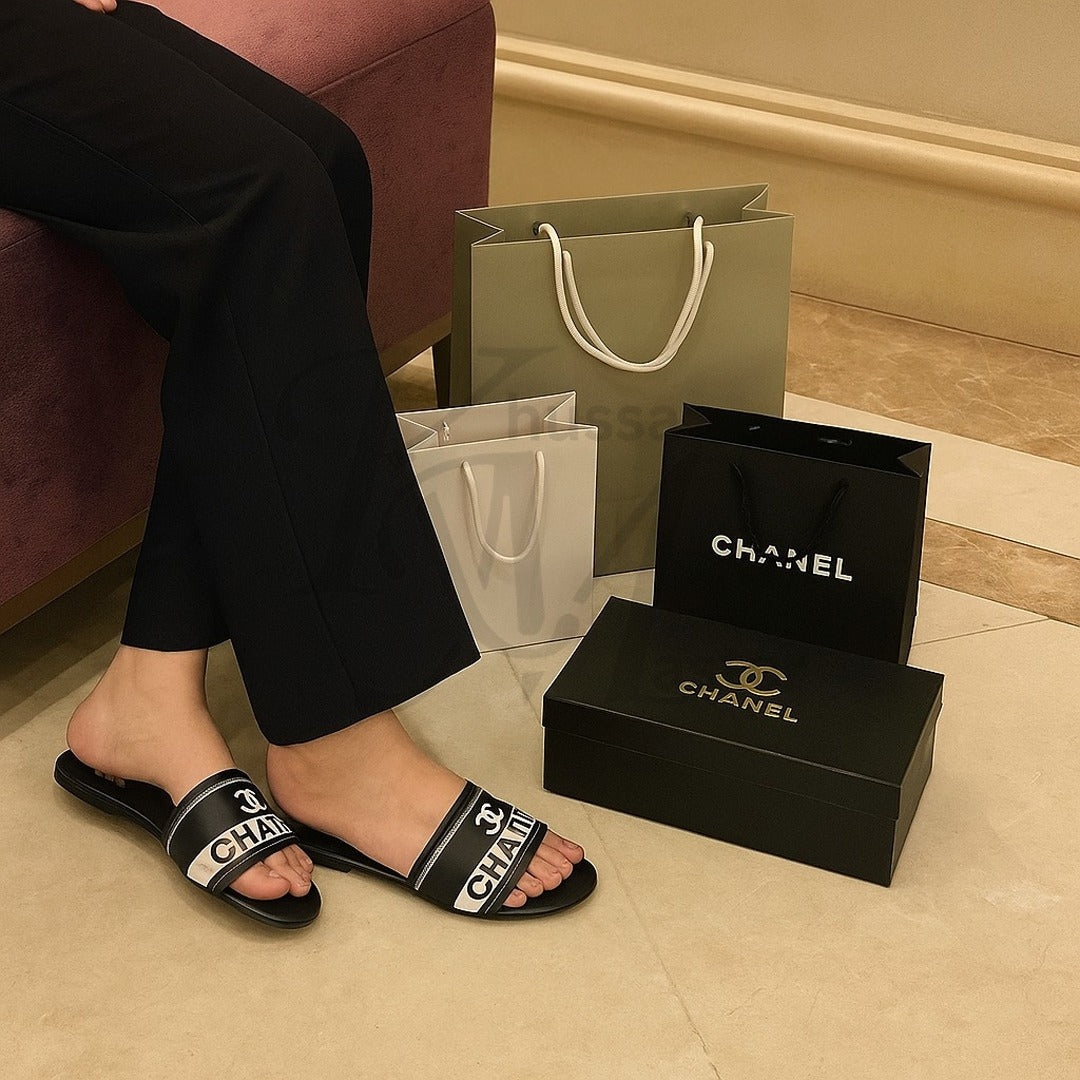 "Designer black slipper inspired by Chanel"