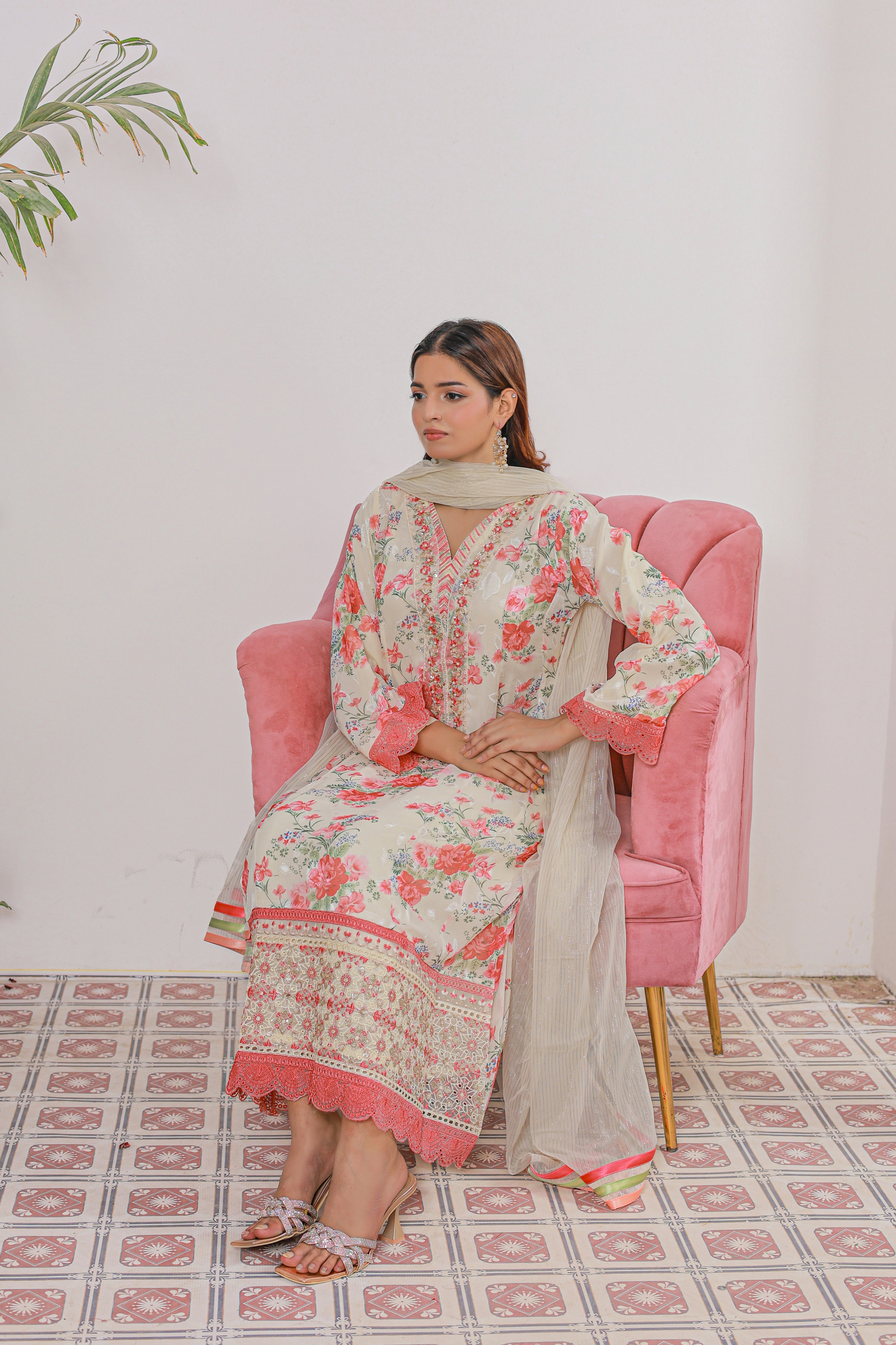 Umer Aayan Florence Printed And Chiffon Embroidered Maxi