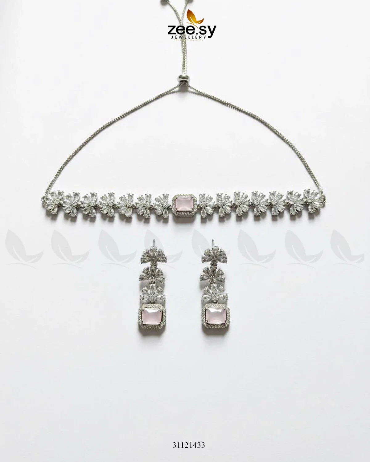 Intricate Square Cluster Necklace Set Silver Mint Pink - Zeesy Jewellery