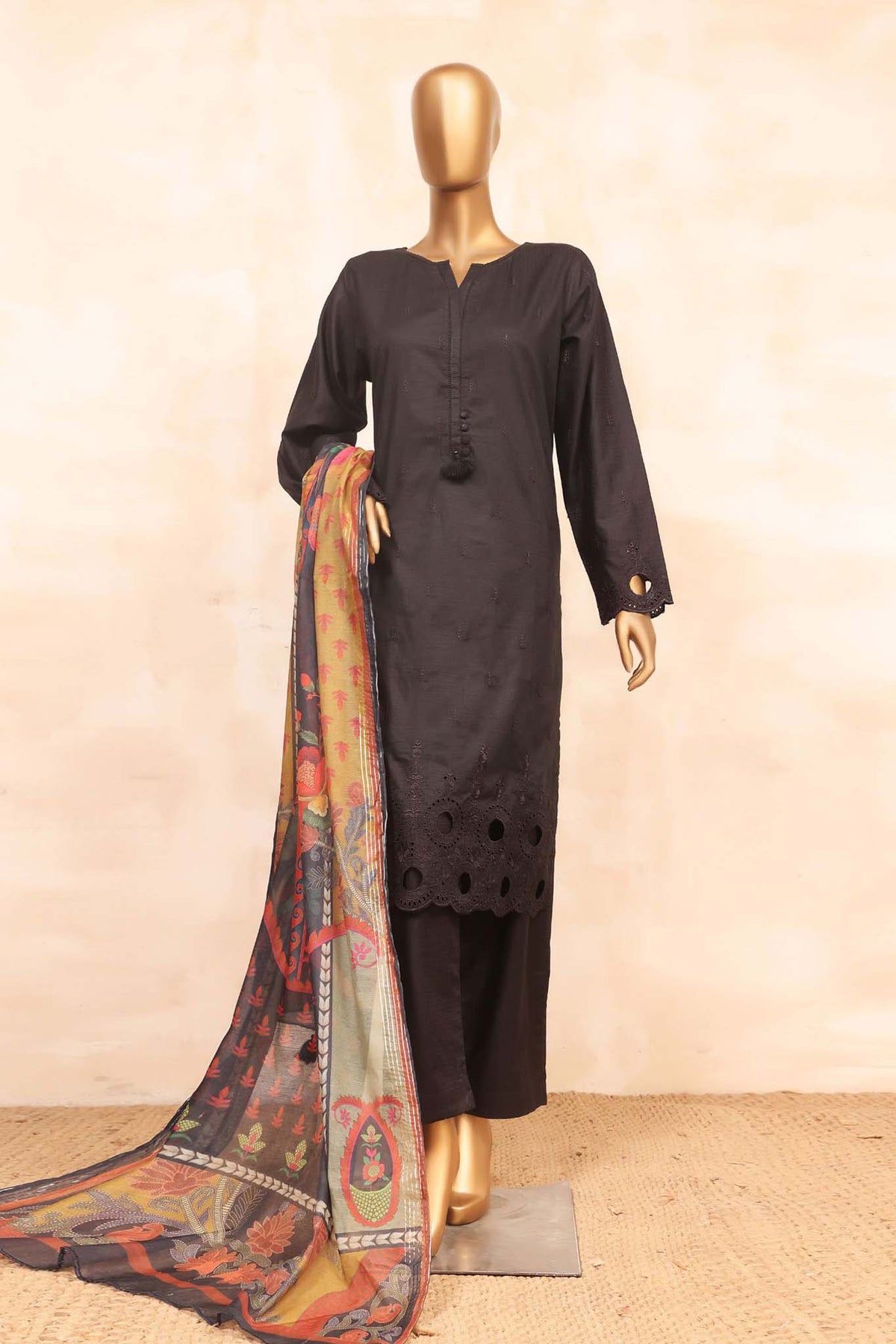 Sada Bahar Stitched 3 Piece Jacquard Chikankari Collection'2023-JCK-Black
