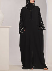 Hijab Ul Hareem White Stripe Hooded Jilbab - JILBAB-R-1001