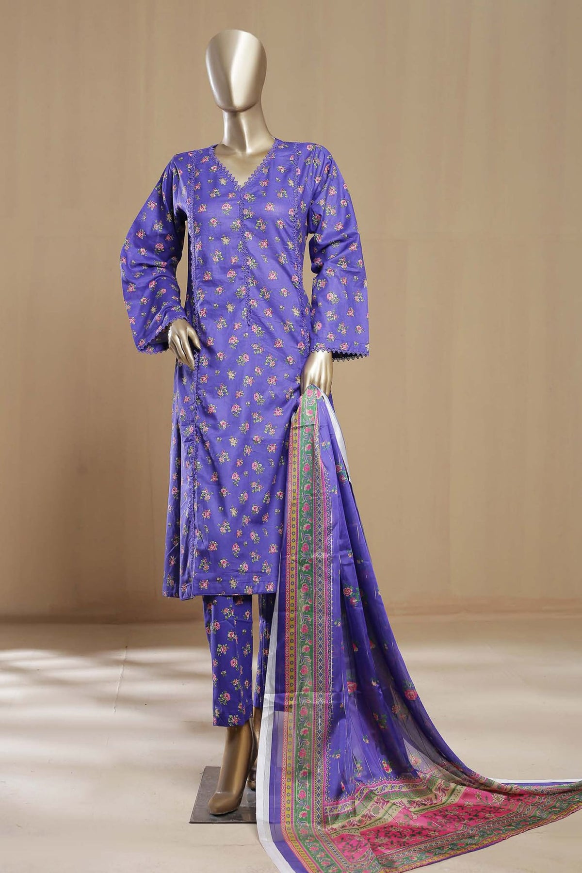 Bin Saeed Stitched 3 Piece Khalidars Frock Collection'2023-SMLSTF-019-BLUE