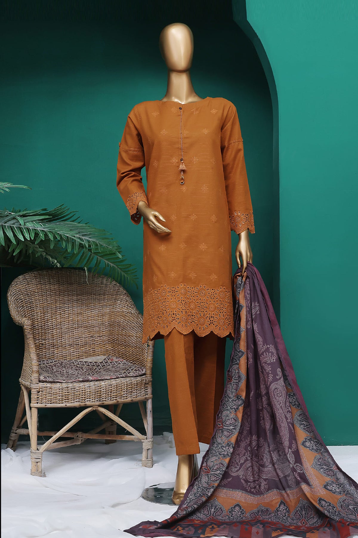 HZ Stitched 3 Piece Chikankari Khaddar With Shawl Collection'2025-KSE-101-Rust