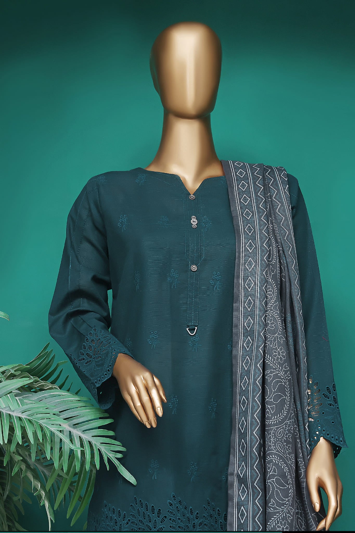 HZ Stitched 3 Piece Chikankari Khaddar With Shawl Collection'2025-KSE-102-D.Green