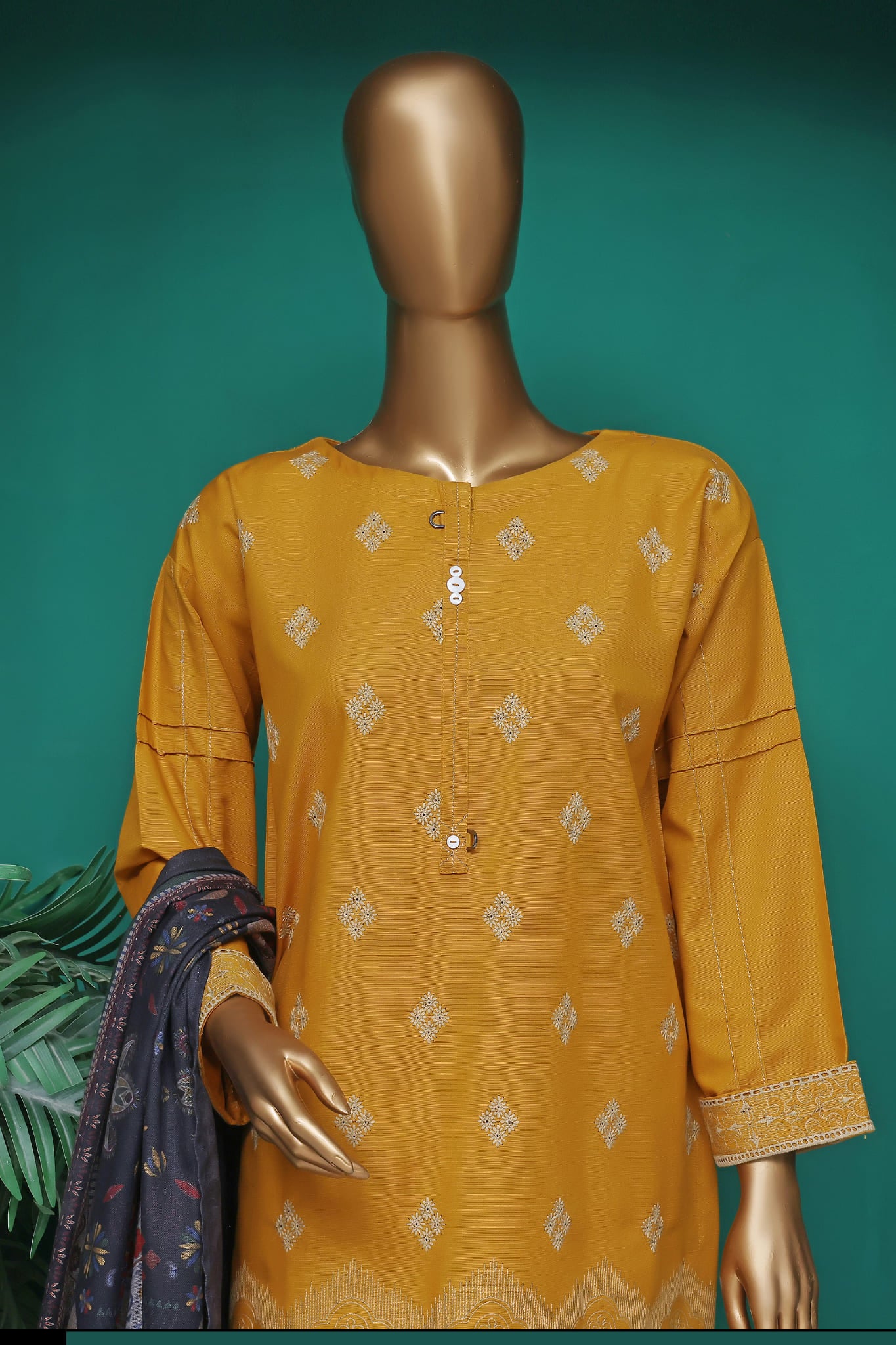 HZ Stitched 3 Piece Chikankari Khaddar With Shawl Collection'2025-KSE-103-Mustard