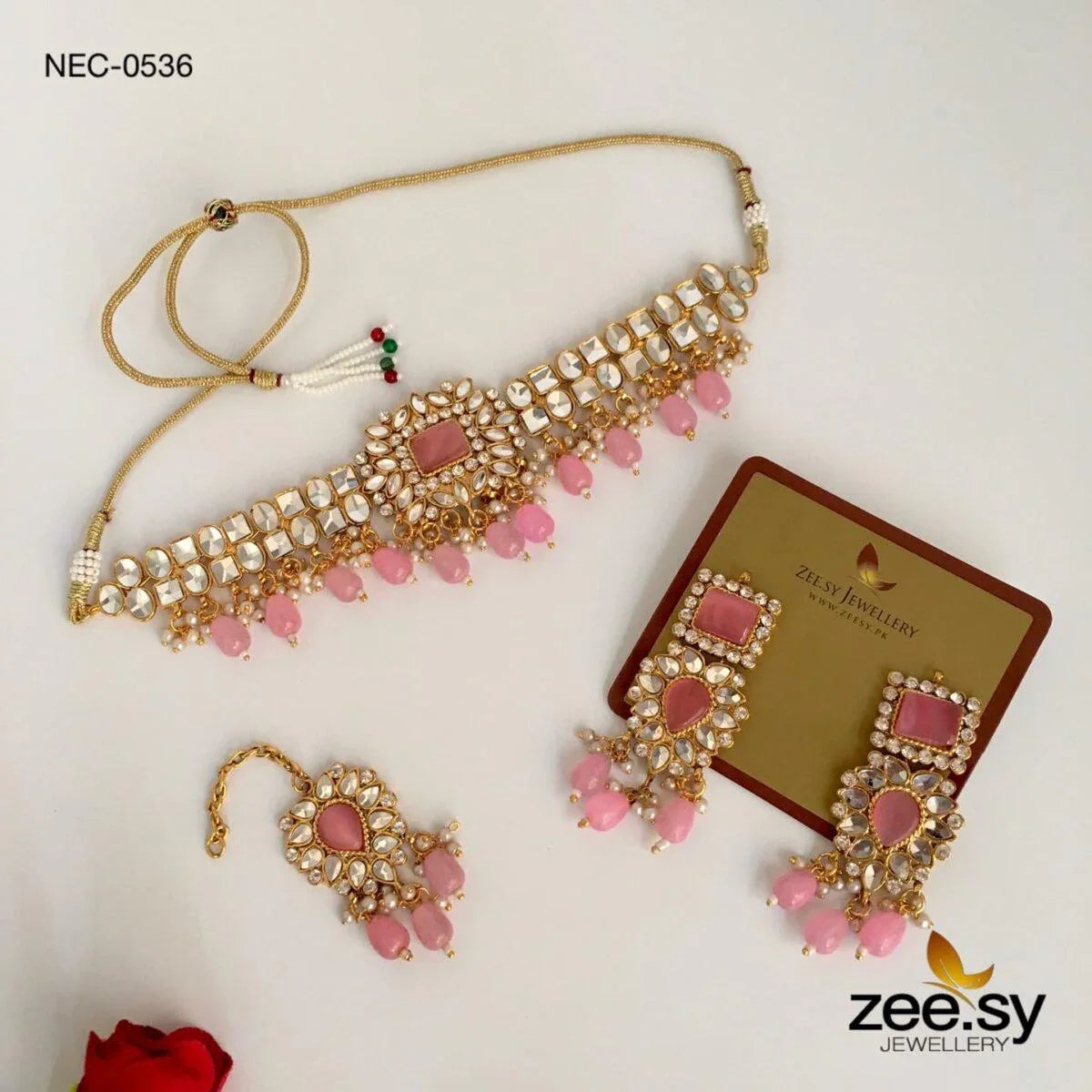 KUNDAN NECKLACE-0536 Pink - Zeesy Jewellery