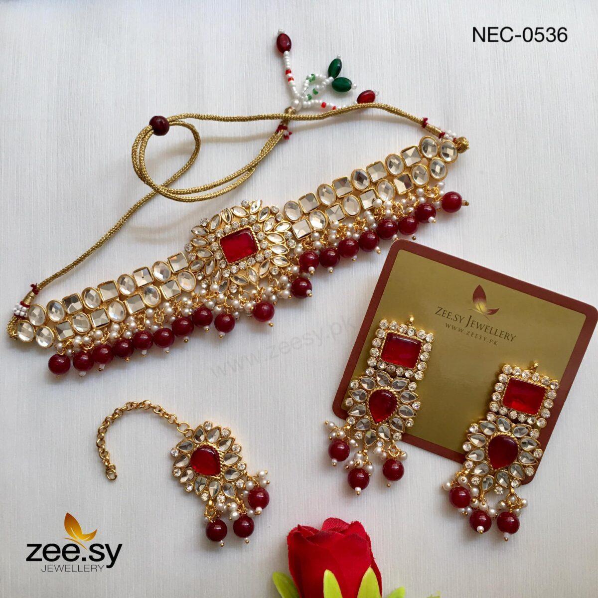 KUNDAN NECKLACE-0536 Red - Zeesy Jewellery