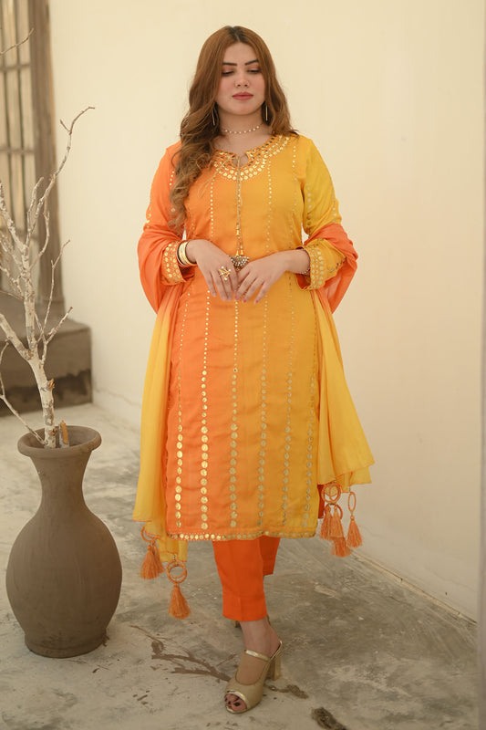 Ramsha Closet Stitched 3 Piece Luxury Formals Collection'2024-07-Kamdani Orange