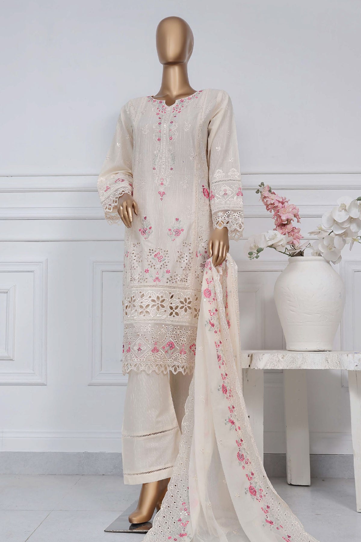 Sada bahar Stitched 3 Piece Luxury Emb Spring Vol-02 Collection-LEL2-MK-31-Off White