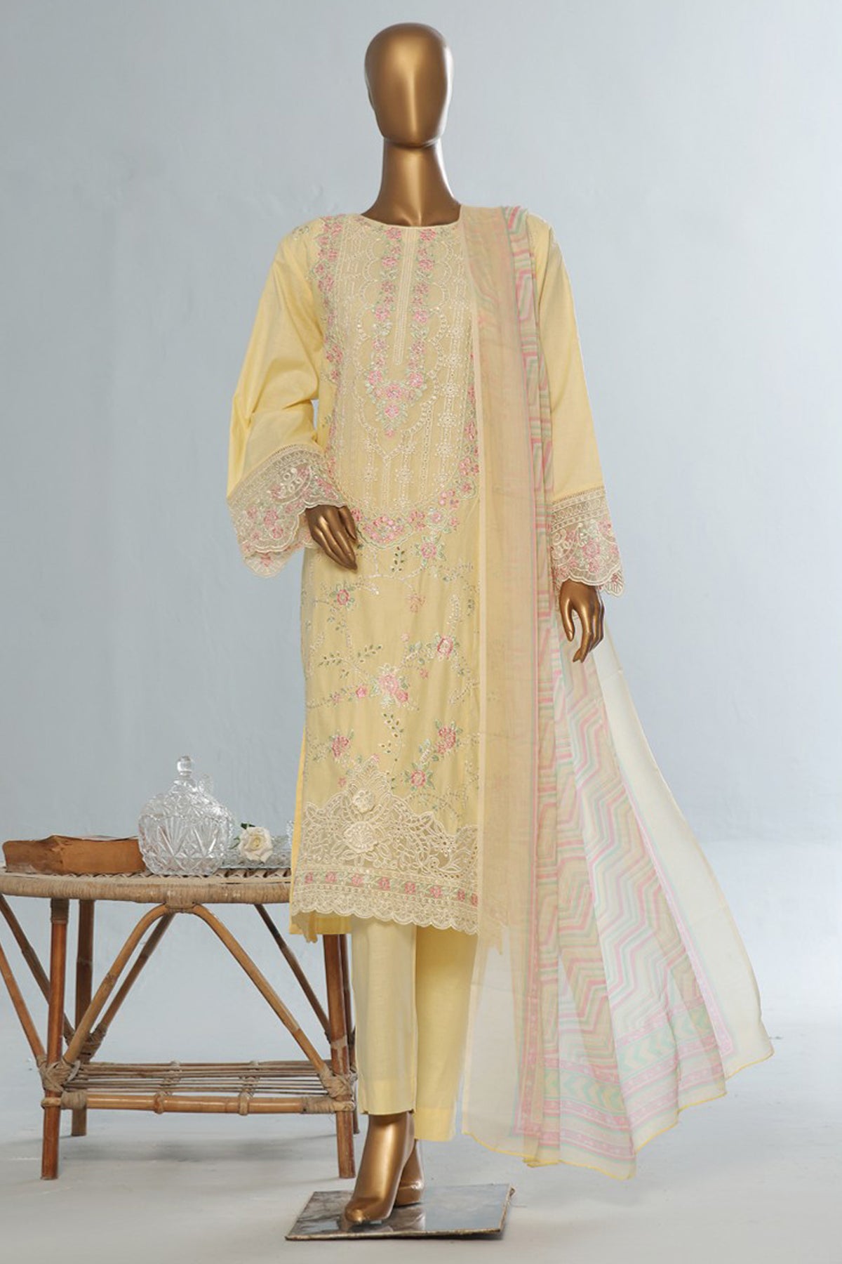 Bin Saeed Stitched 3 Piece Luxury Emb Cotton Vol-04 Collection'2024-LF-1149-Cream