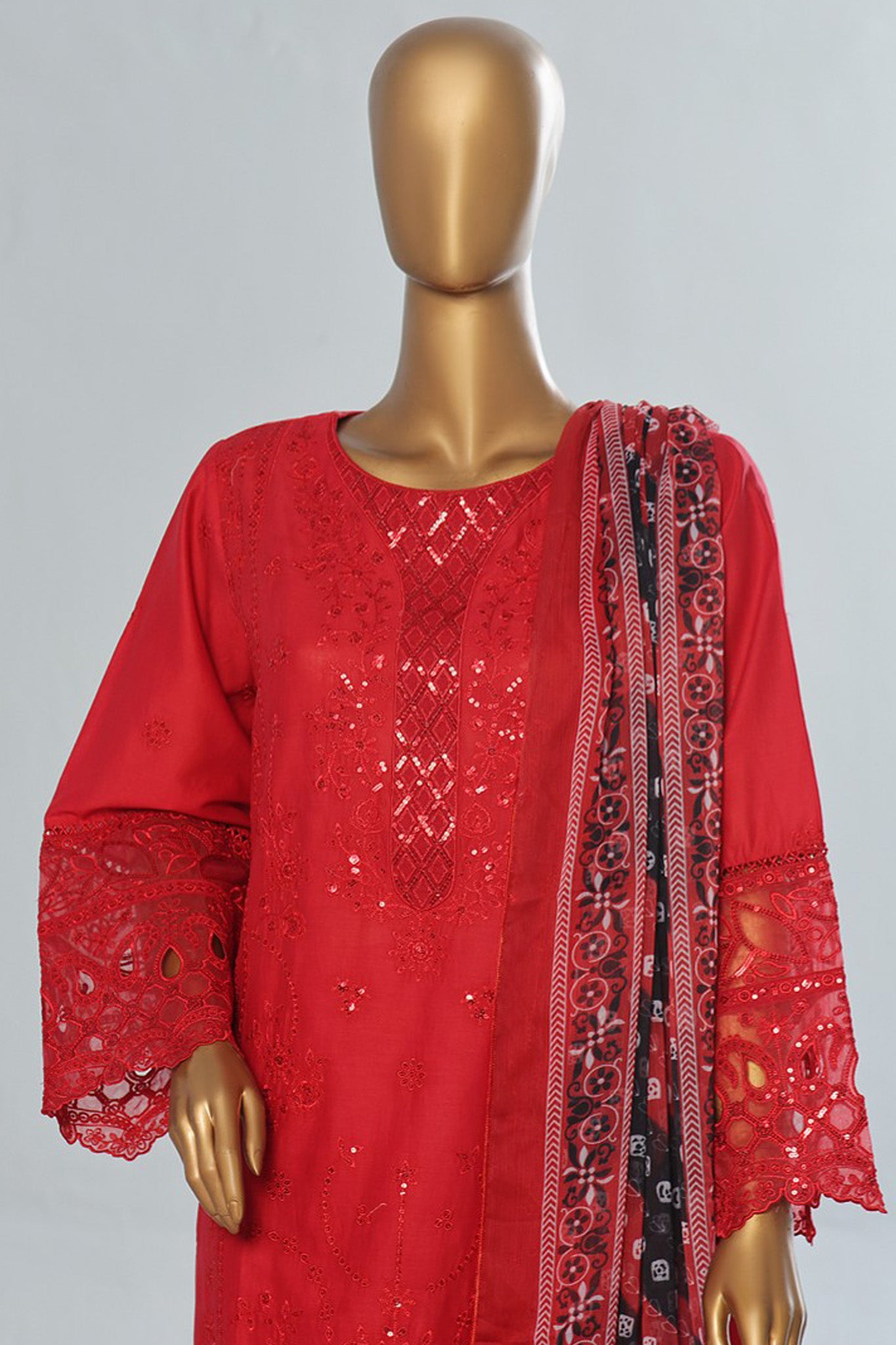 Bin Saeed Stitched 3 Piece Luxury Emb Cotton Vol-04 Collection'2024-LF-1150-Red