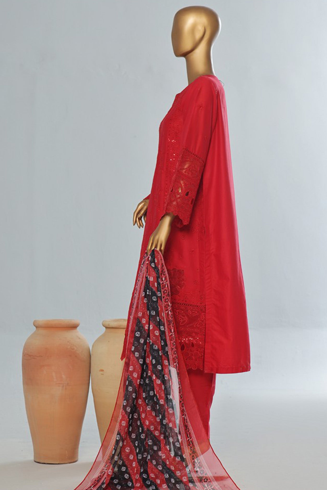 Bin Saeed Stitched 3 Piece Luxury Emb Cotton Vol-04 Collection'2024-LF-1150-Red