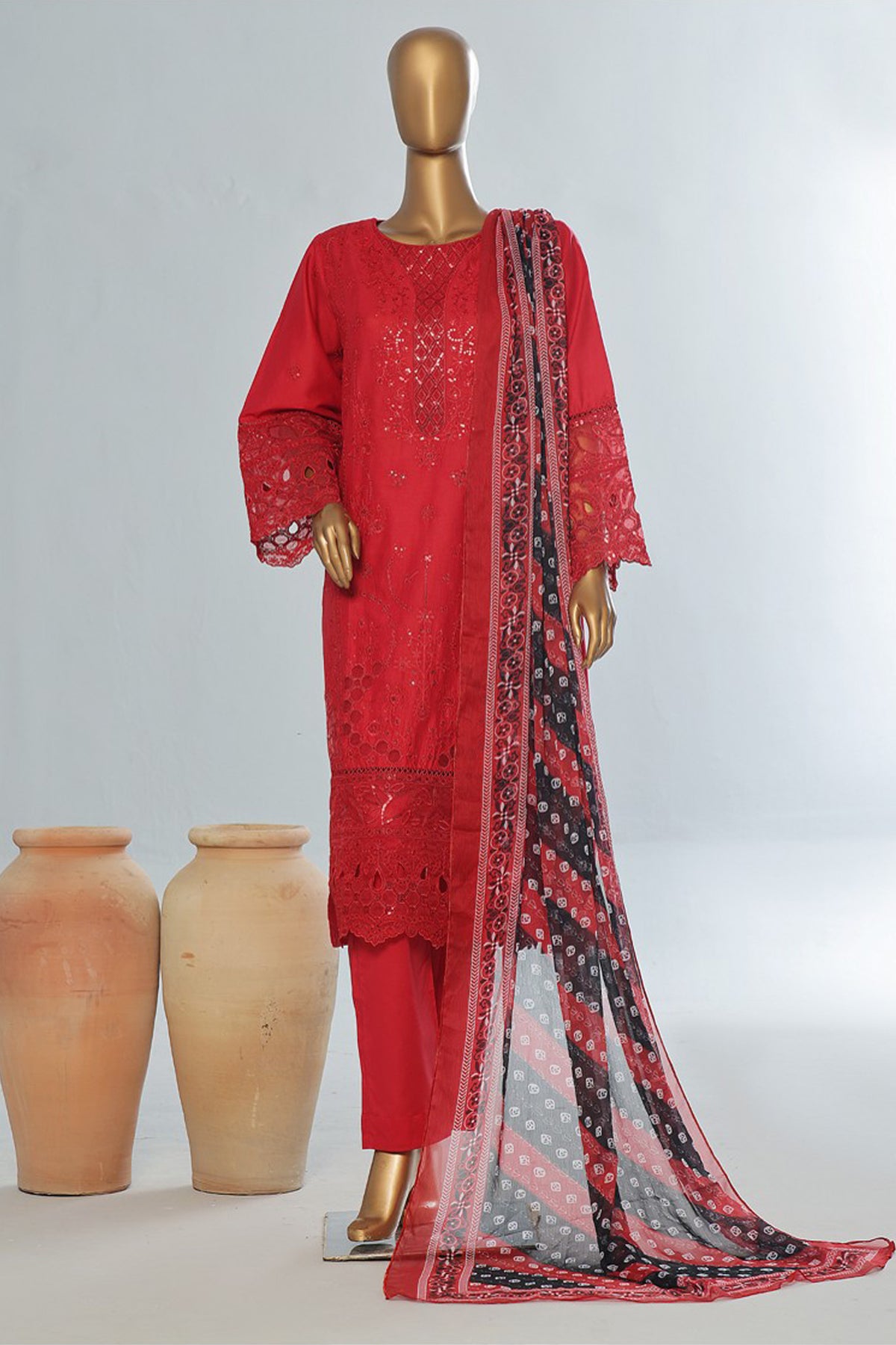 Bin Saeed Stitched 3 Piece Luxury Emb Cotton Vol-04 Collection'2024-LF-1150-Red