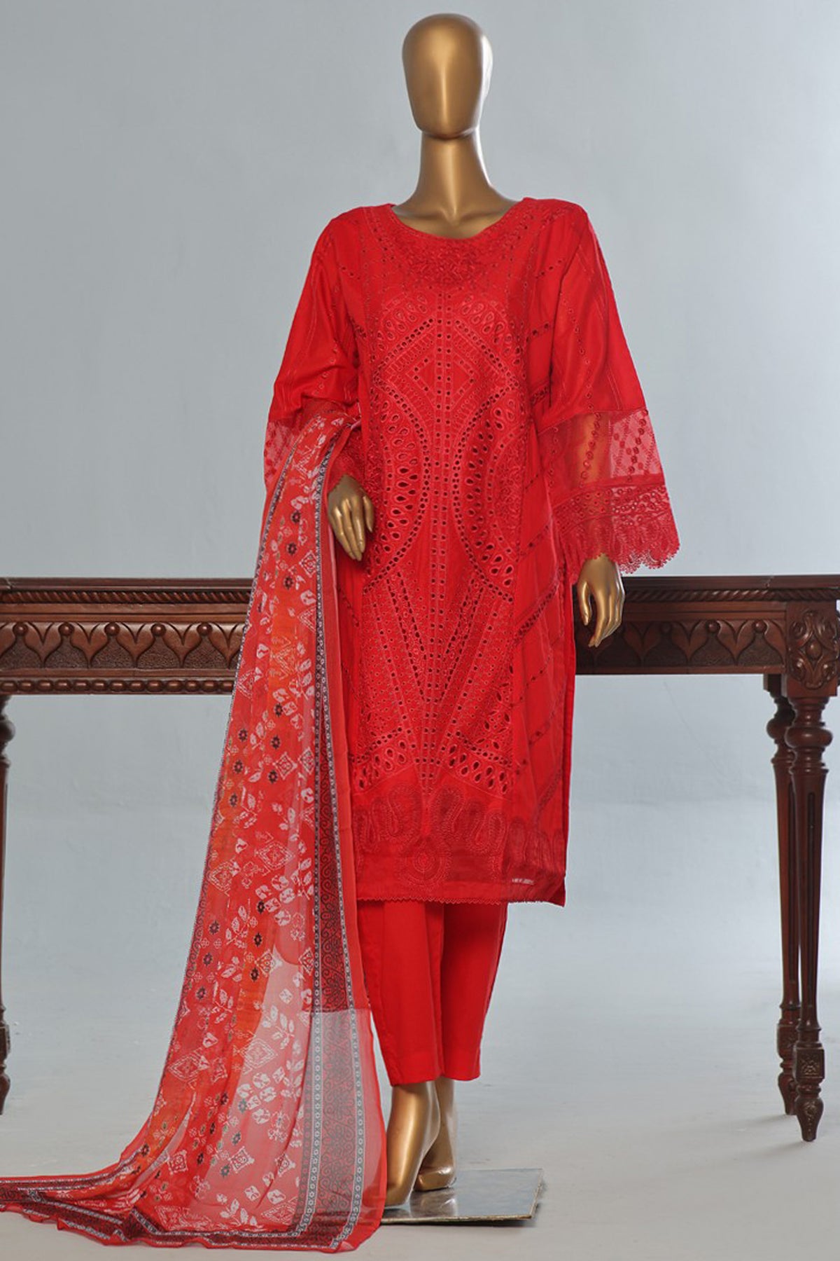 Bin Saeed Stitched 3 Piece Luxury Emb Cotton Vol-04 Collection'2024-LF-1152-Red