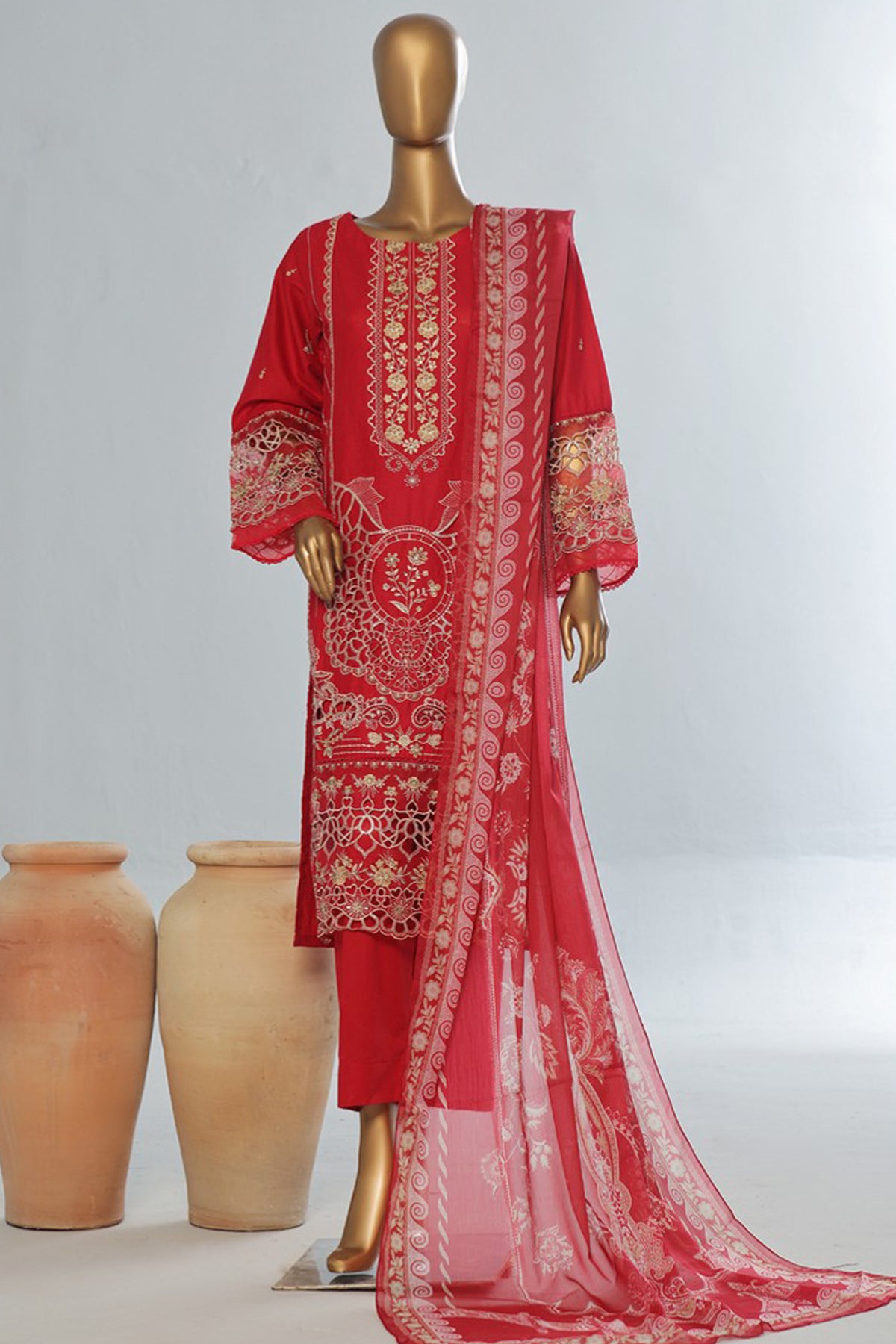 Bin Saeed Stitched 3 Piece Luxury Emb Cotton Vol-04 Collection'2024-LF-1154-Red