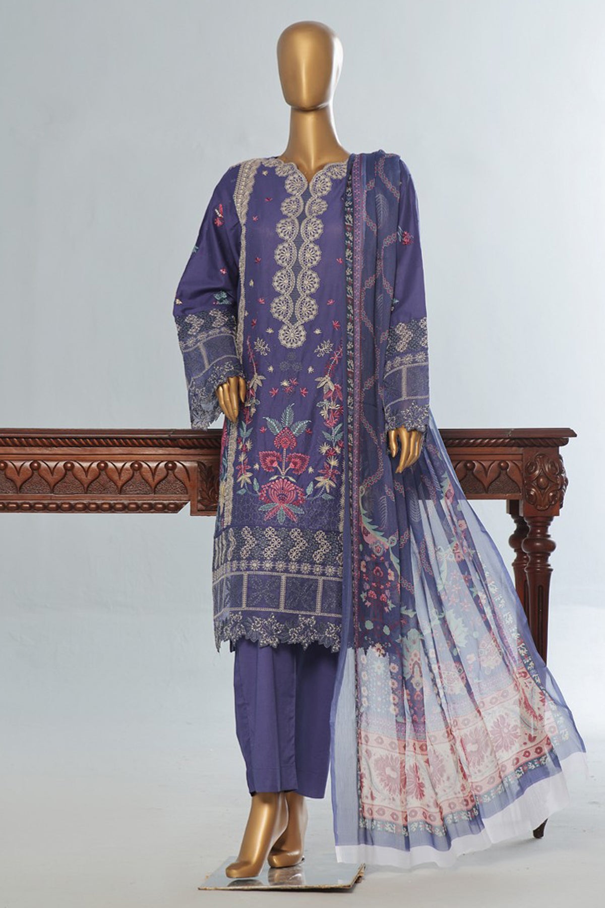 Bin Saeed Stitched 3 Piece Luxury Emb Cotton Vol-04 Collection'2024-LF-1156-Blue