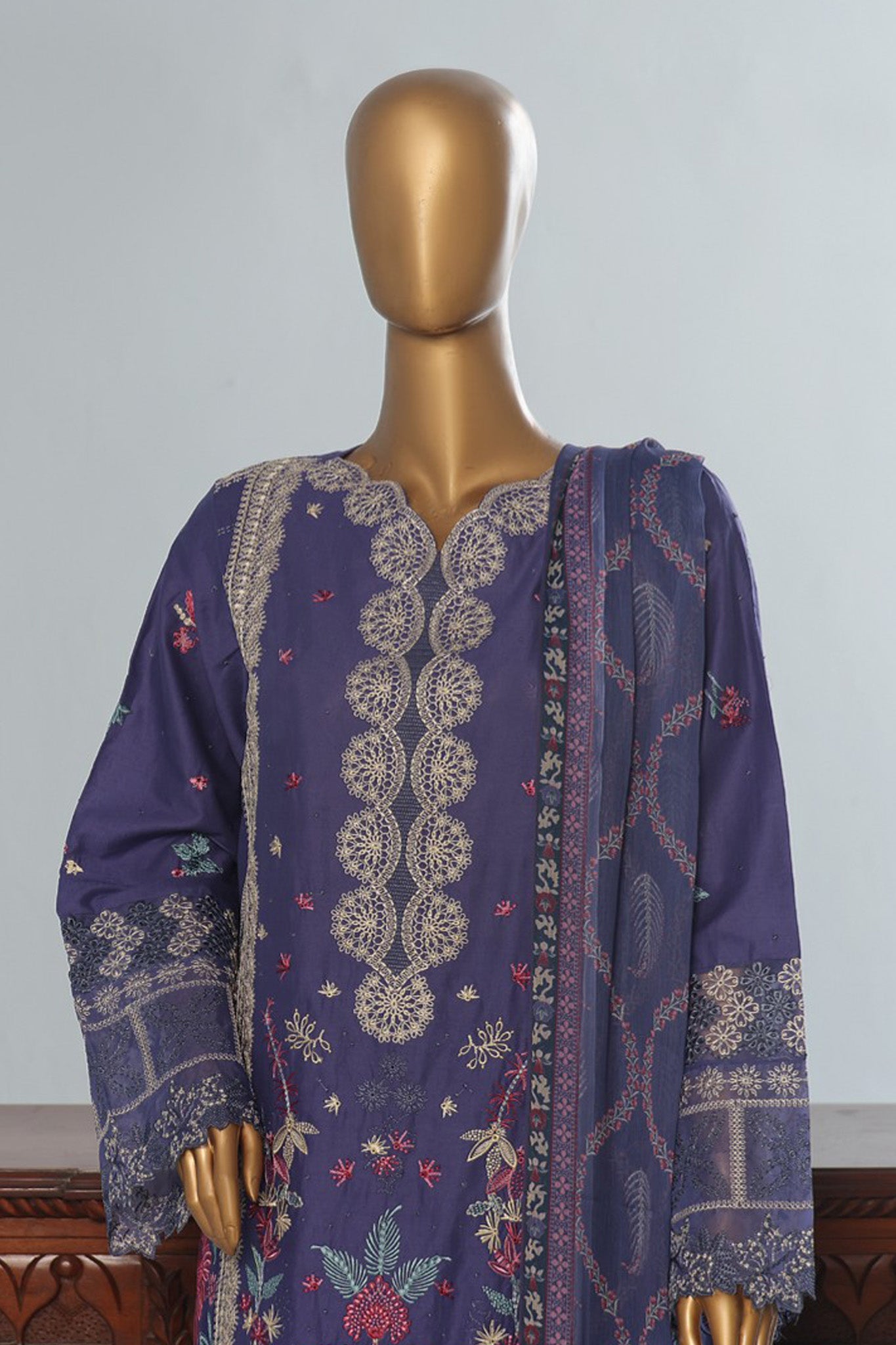 Bin Saeed Stitched 3 Piece Luxury Emb Cotton Vol-04 Collection'2024-LF-1156-Blue