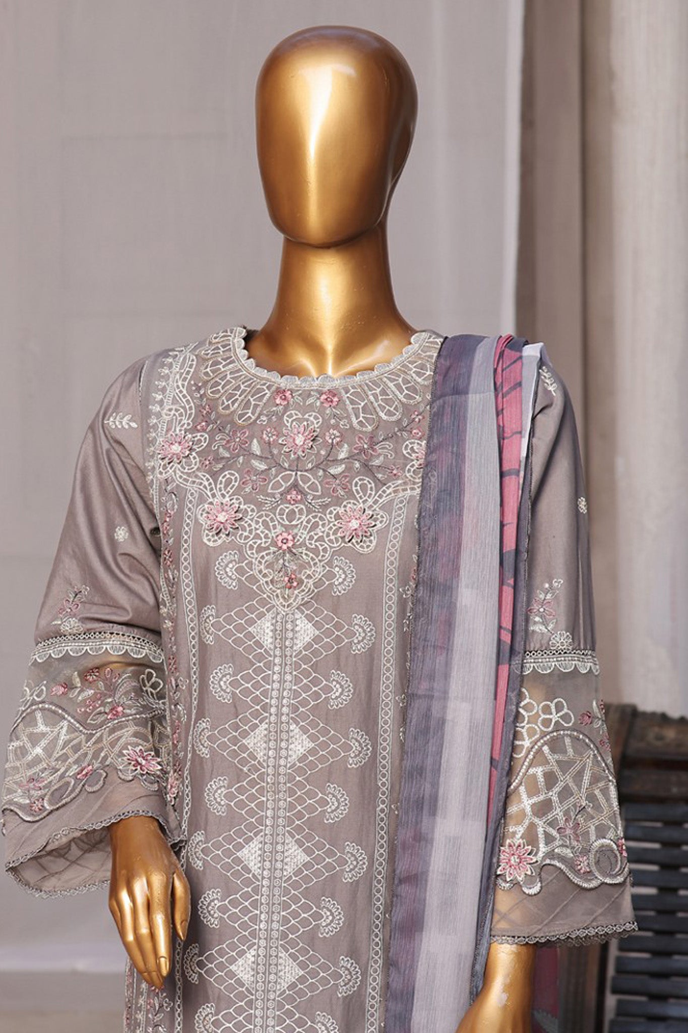 Bin Saeed Stitched 3 Piece Luxury Emb Cotton Vol-05 Collection'2024-LF-1198-Grey