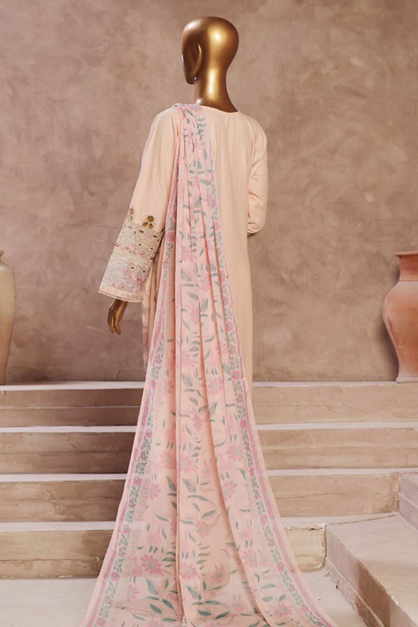 Bin Saeed Stitched 3 Piece Luxury Emb Cotton Vol-05 Collection'2024-LF-1201-Peach