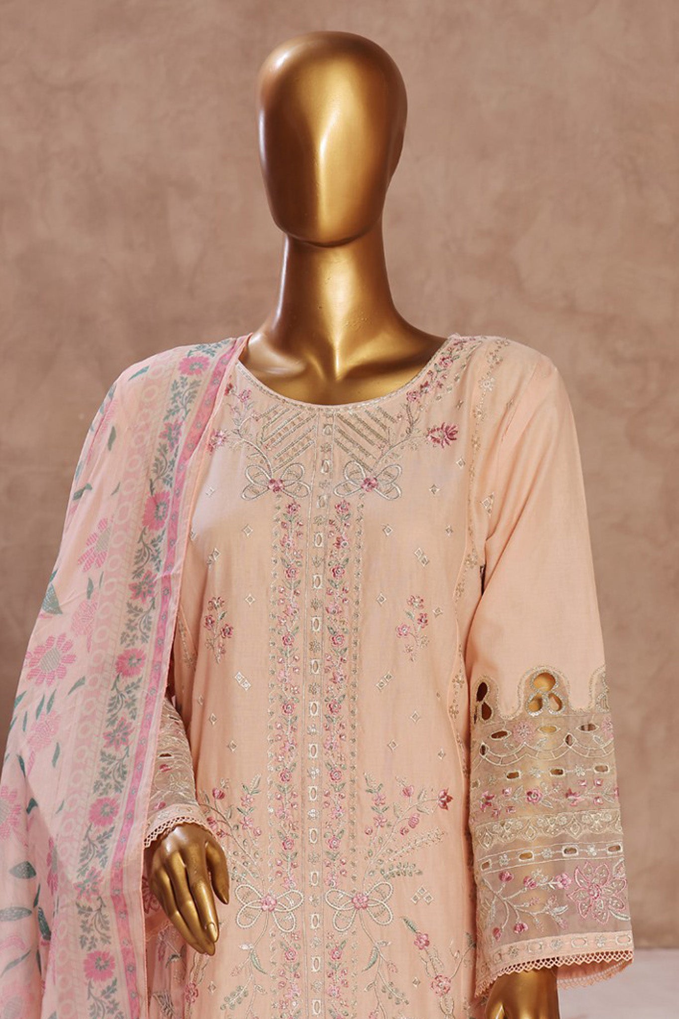 Bin Saeed Stitched 3 Piece Luxury Emb Cotton Vol-05 Collection'2024-LF-1201-Peach