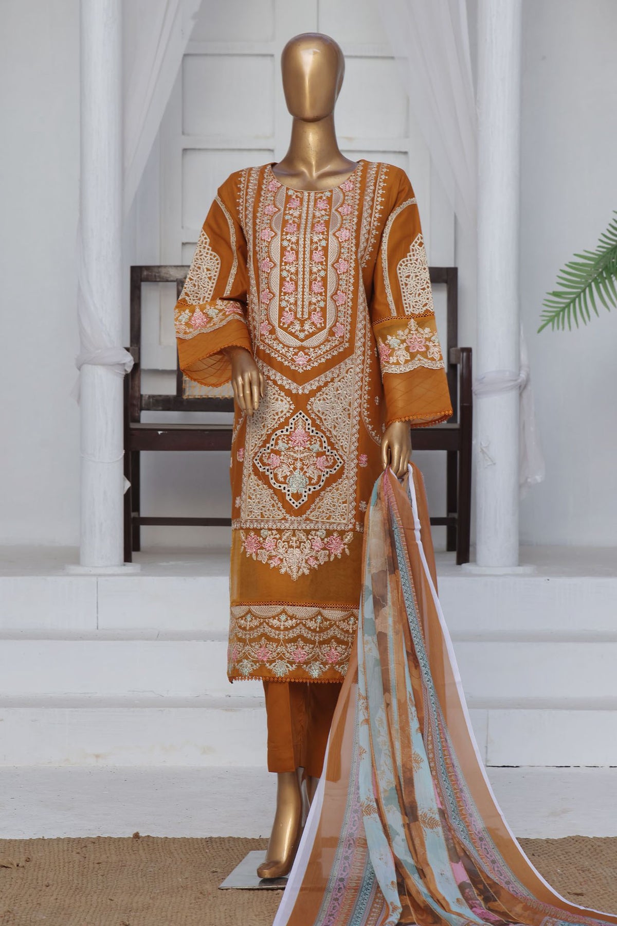 Bin Saeed Stitched 3 Piece Exclusive Luxury Cotton Vol-06 Collection'2024-LF-1268-Brown