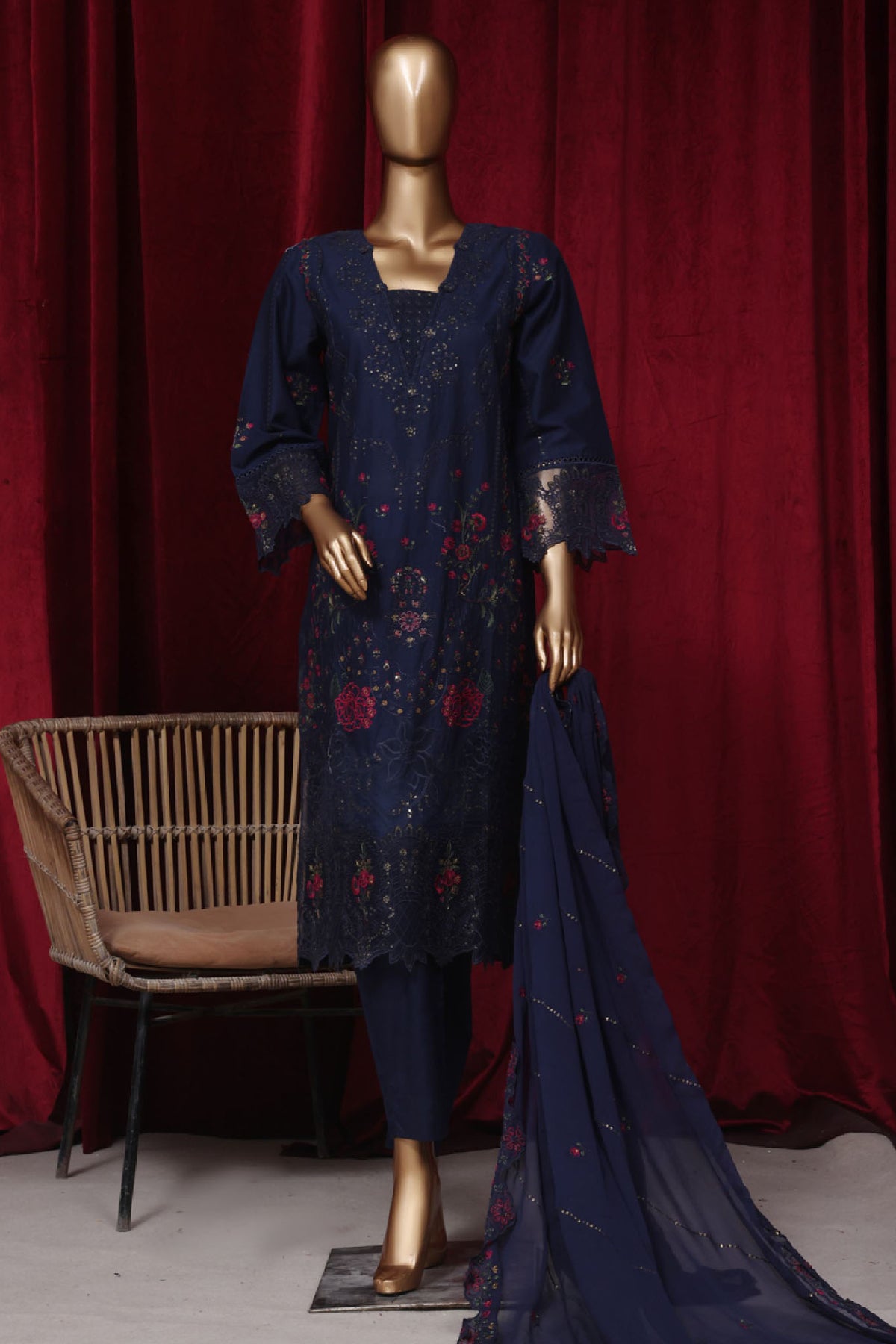 Bin Saeed Stitched 3 Piece Emb Luxury Plain Cotton Vol-02 Collection-LF-1656-Navy Blue