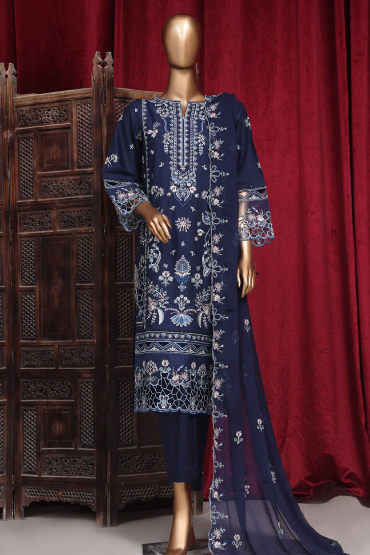 Bin Saeed Stitched 3 Piece Emb Luxury Plain Cotton Vol-02 Collection-LF-1657-Blue