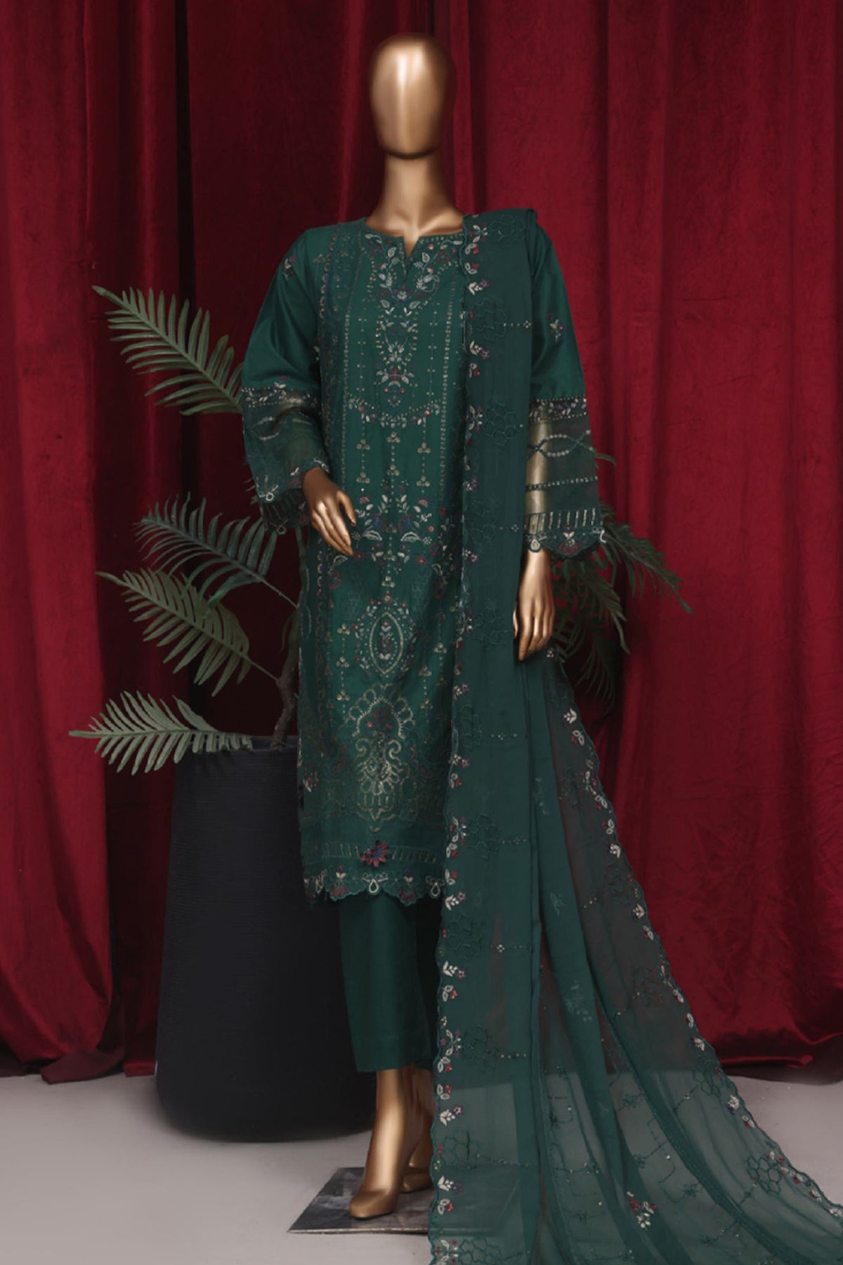 Bin Saeed Stitched 3 Piece Emb Luxury Plain Cotton Vol-02 Collection-LF-1659-Dark Green