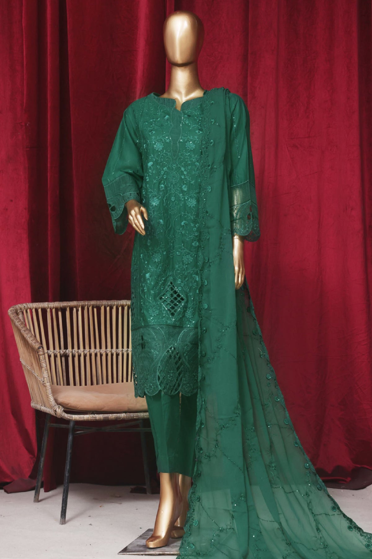 Bin Saeed Stitched 3 Piece Emb Luxury Plain Cotton Vol-02 Collection-LF-1660-Green