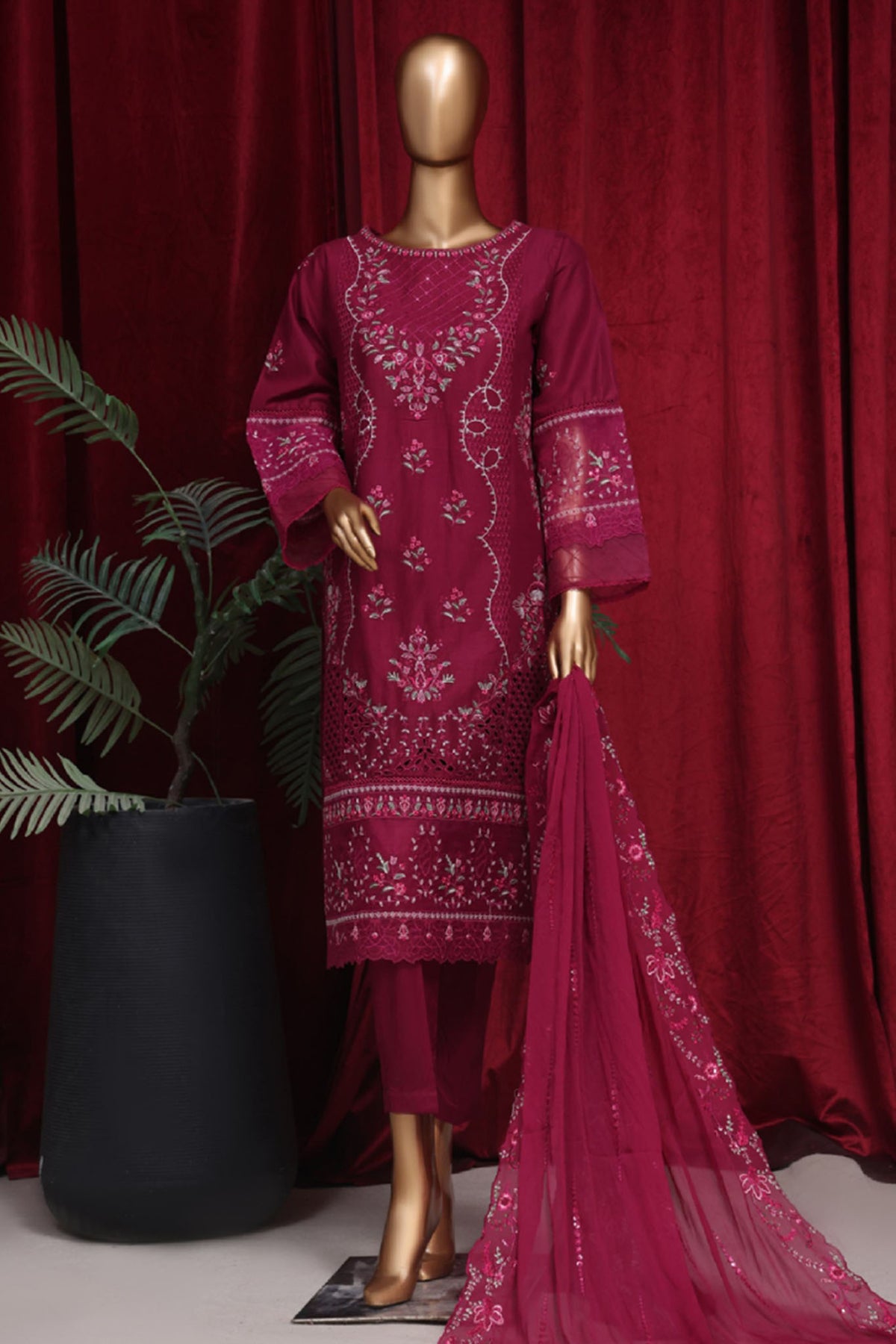 Bin Saeed Stitched 3 Piece Emb Luxury Plain Cotton Vol-02 Collection-LF-1661-Magenta