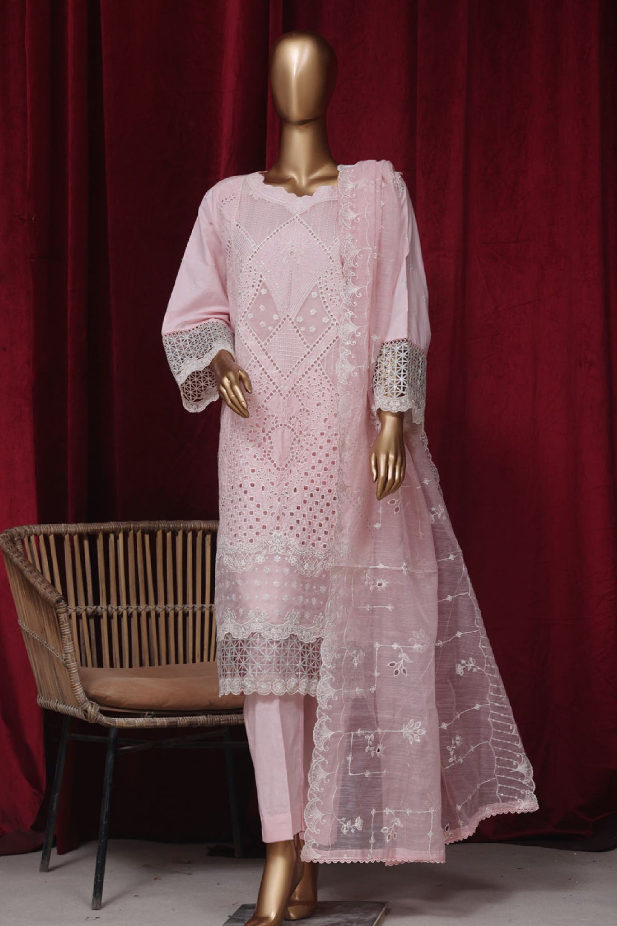 Bin Saeed Stitched 3 Piece Emb Luxury Plain Cotton Vol-02 Collection-LF-1663-Pink