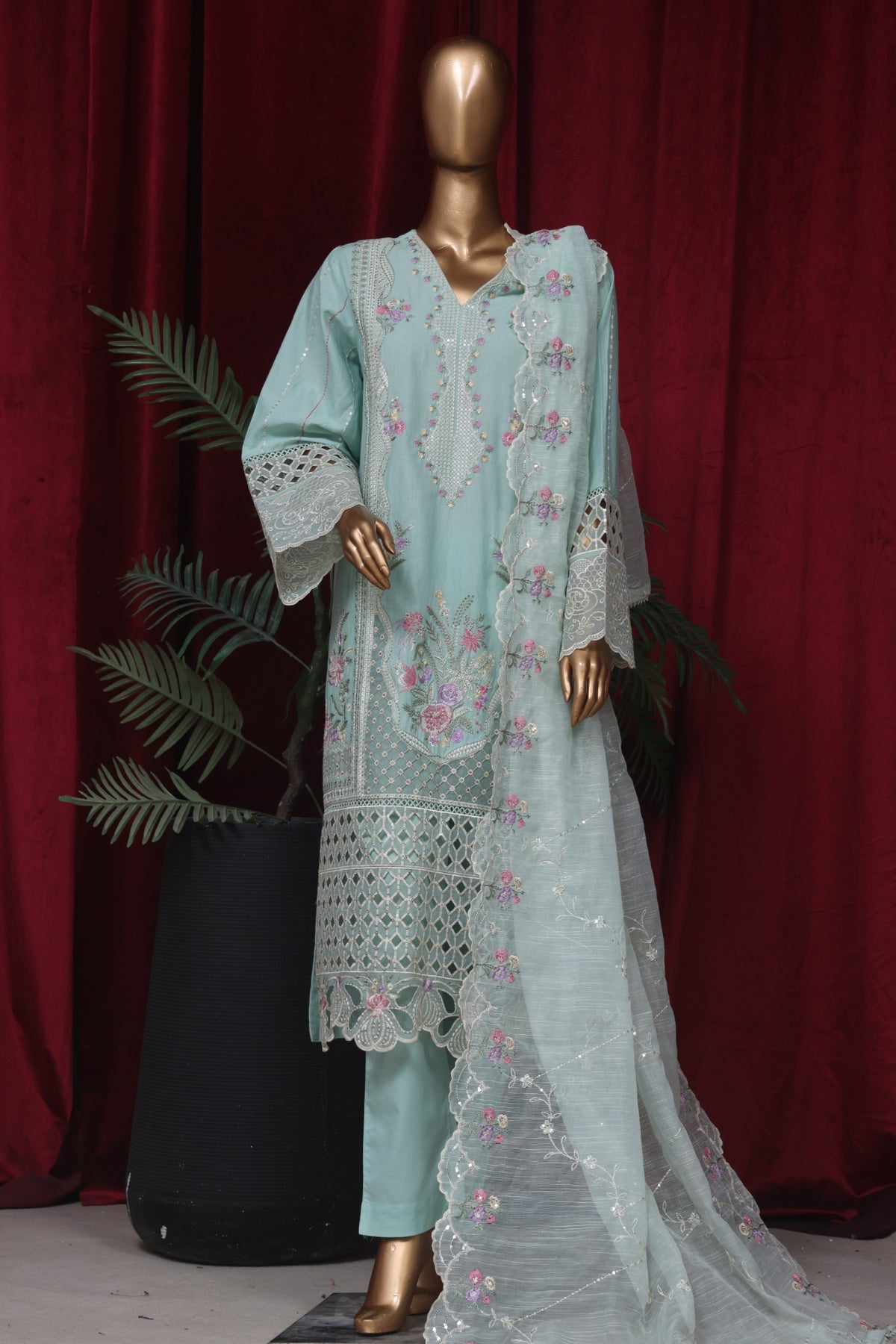 Bin Saeed Stitched 3 Piece Emb Luxury Plain Cotton Vol-02 Collection-LF-1664-Ferozi