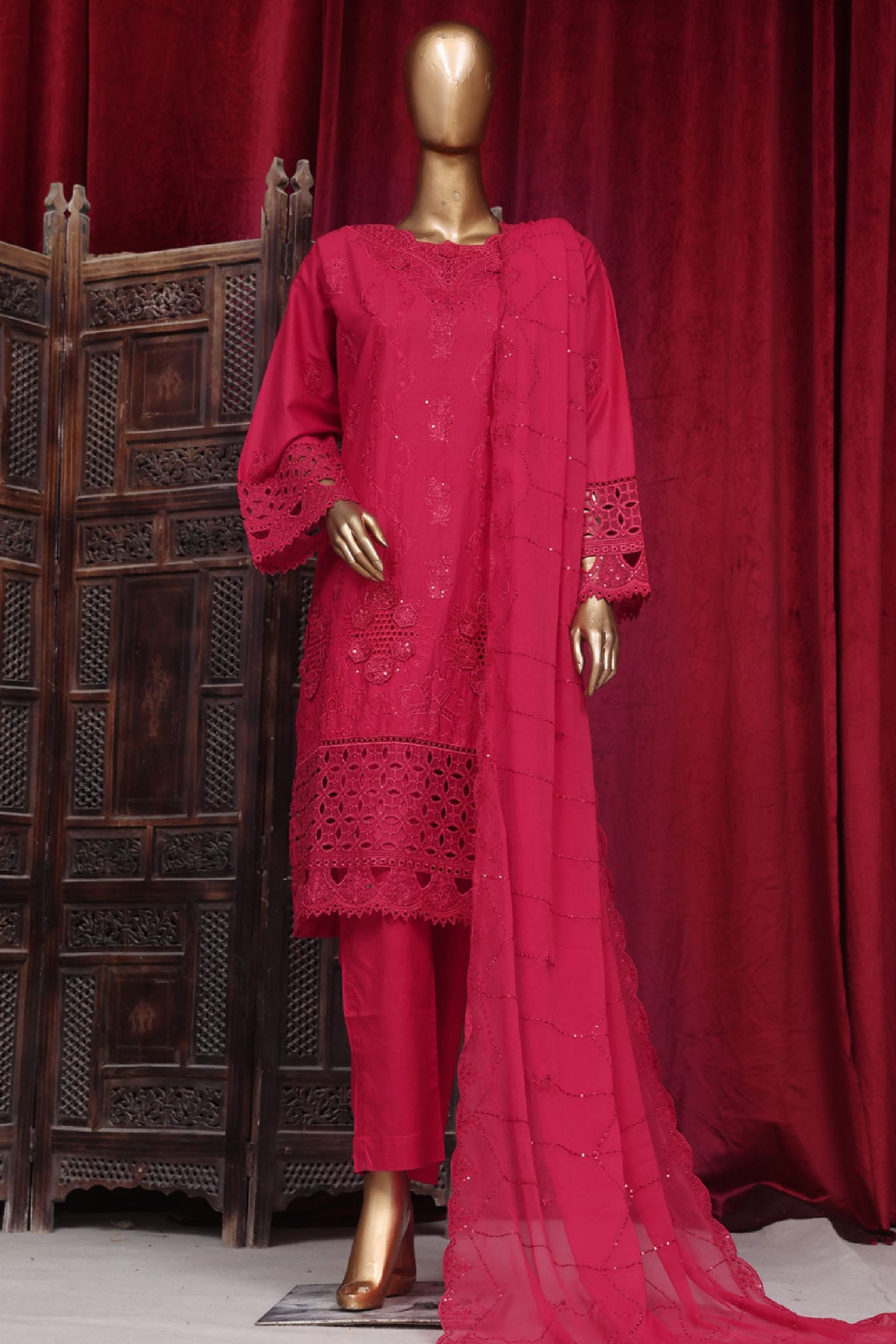 Bin Saeed Stitched 3 Piece Emb Luxury Plain Cotton Vol-02 Collection-LF-1666-Magenta