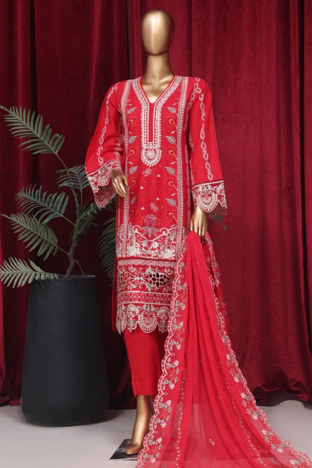 Bin Saeed Stitched 3 Piece Emb Luxury Plain Cotton Vol-02 Collection-LF-1667-Red