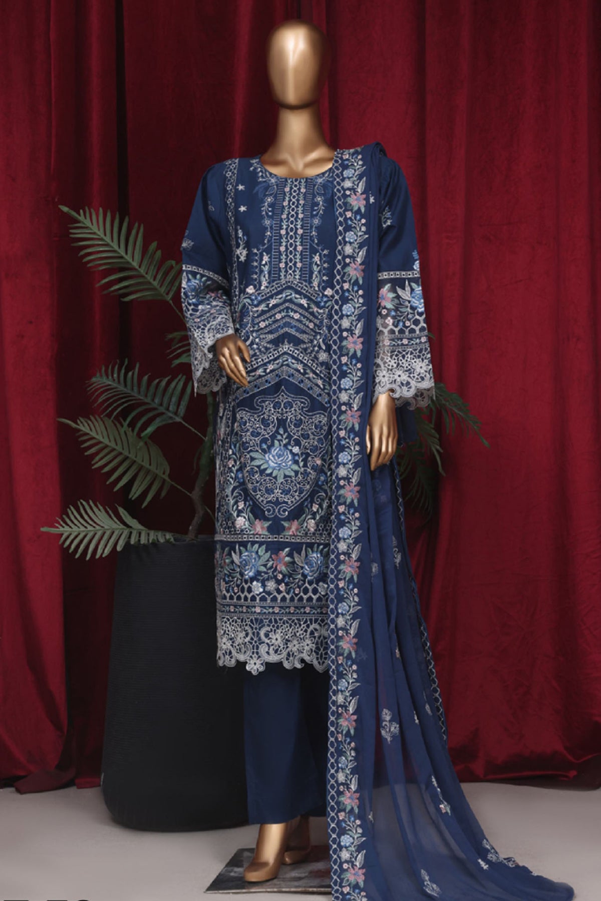 Bin Saeed Stitched 3 Piece Emb Luxury Plain Cotton Vol-02 Collection-LF-1669-Blue