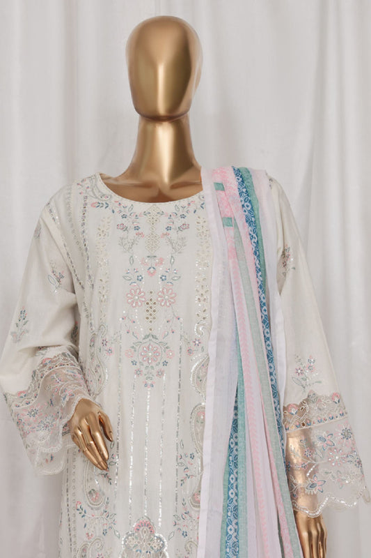 Bin Saeed Stitched 3 Piece Luxury Plain Cotton Vol-03 Collection-LF-1716-White