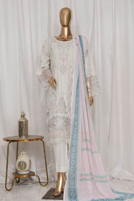 Bin Saeed Stitched 3 Piece Luxury Plain Cotton Vol-03 Collection-LF-1716-White