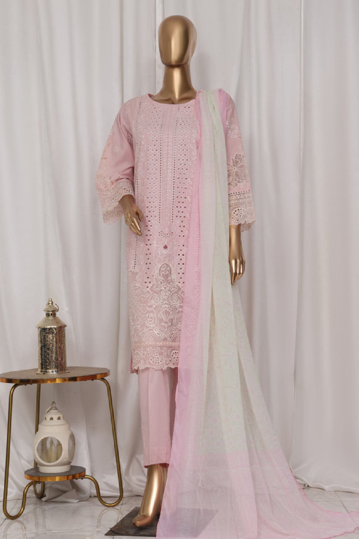 Bin Saeed Stitched 3 Piece Luxury Plain Cotton Vol-03 Collection-LF-1718-Pink