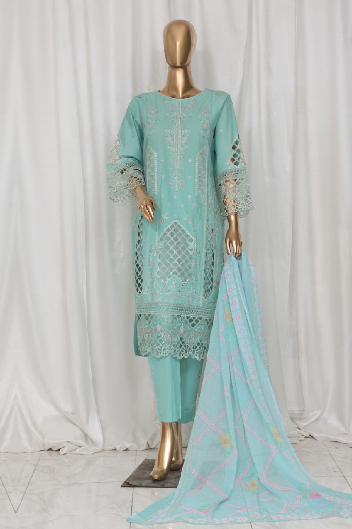 Bin Saeed Stitched 3 Piece Luxury Plain Cotton Vol-03 Collection-LF-1727-Sea Green