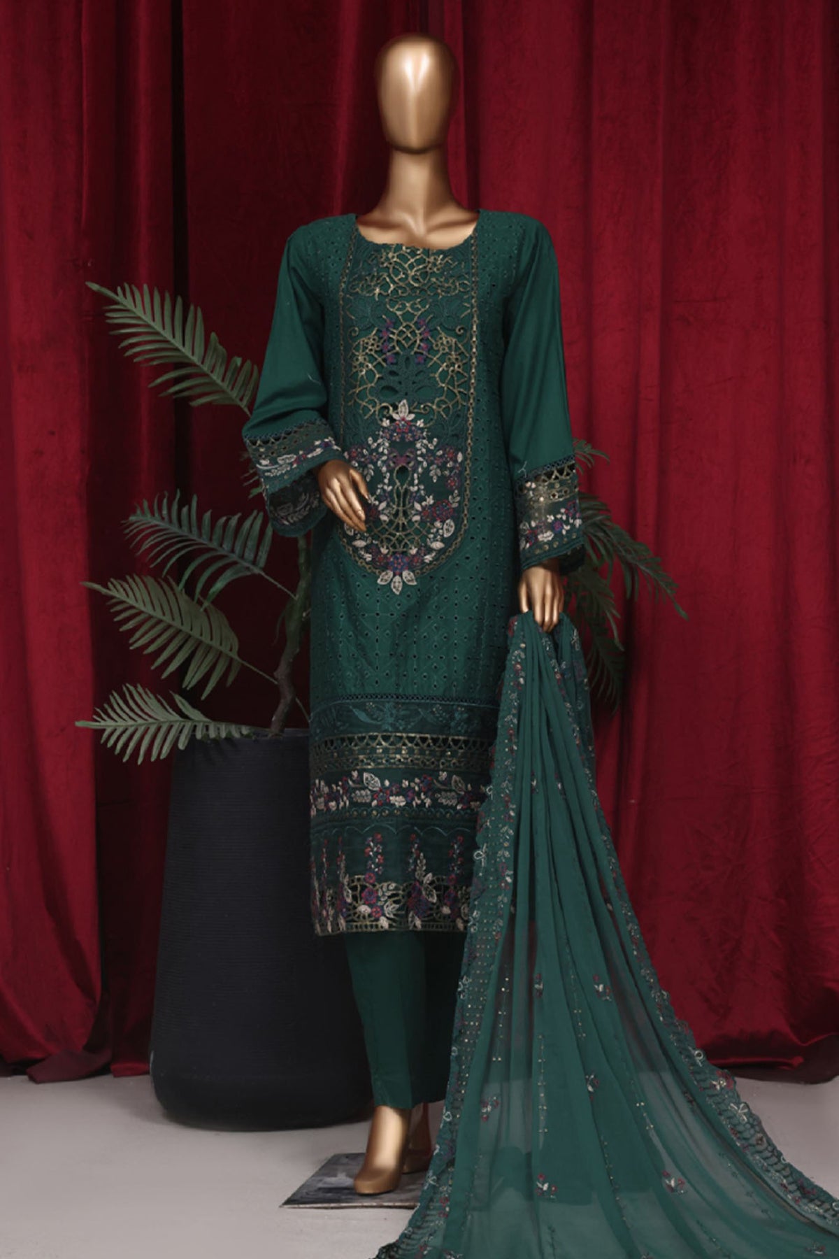 Bin Saeed Stitched 3 Piece Luxury Plain Emb Cotton Vol-03 Collection-LF-1802-Green