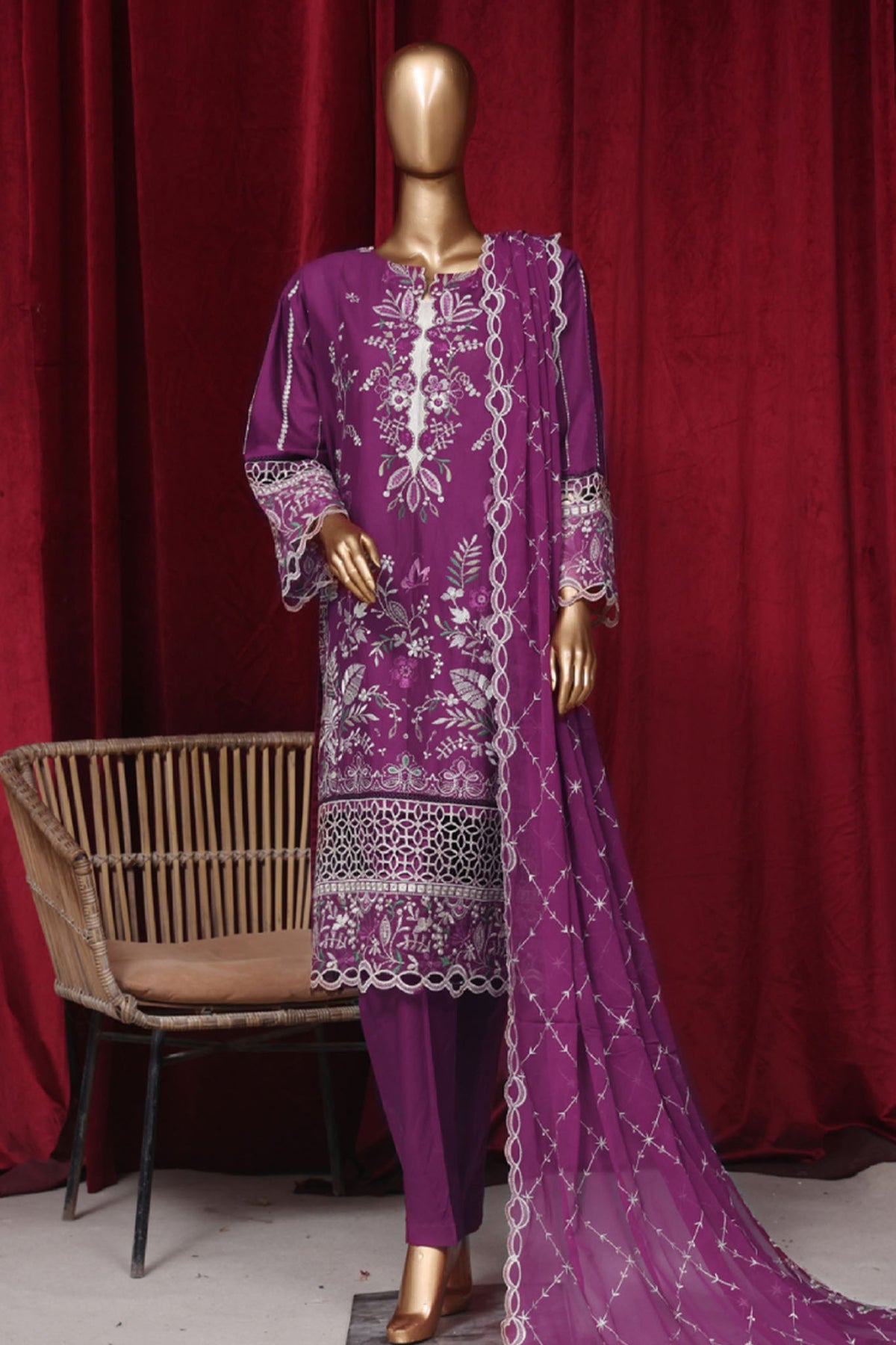 Bin Saeed Stitched 3 Piece Luxury Plain Emb Cotton Vol-03 Collection-LF-1804-Magenta