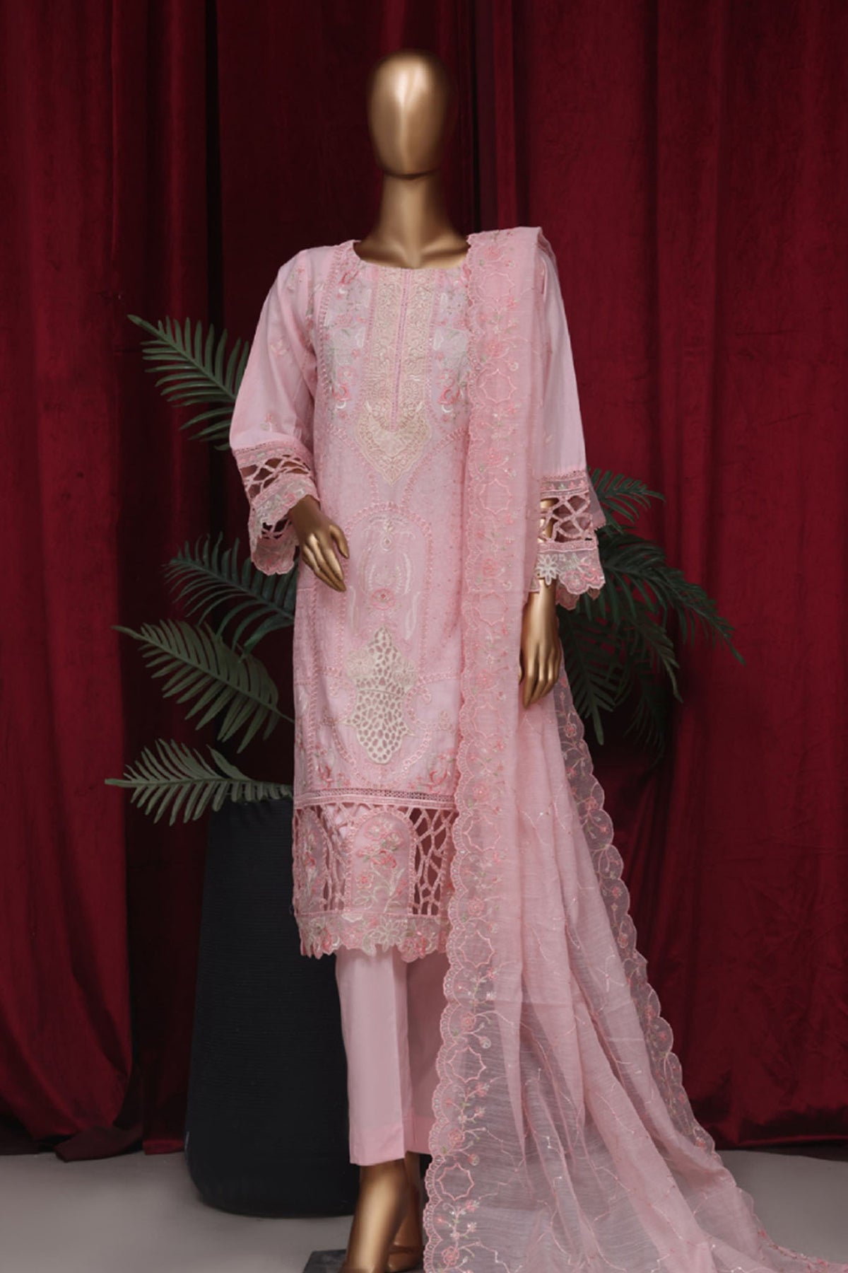 Bin Saeed Stitched 3 Piece Luxury Plain Emb Cotton Vol-03 Collection-LF-1805-Pink