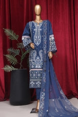 Bin Saeed Stitched 3 Piece Luxury Plain Emb Cotton Vol-03 Collection-LF-1807-Blue