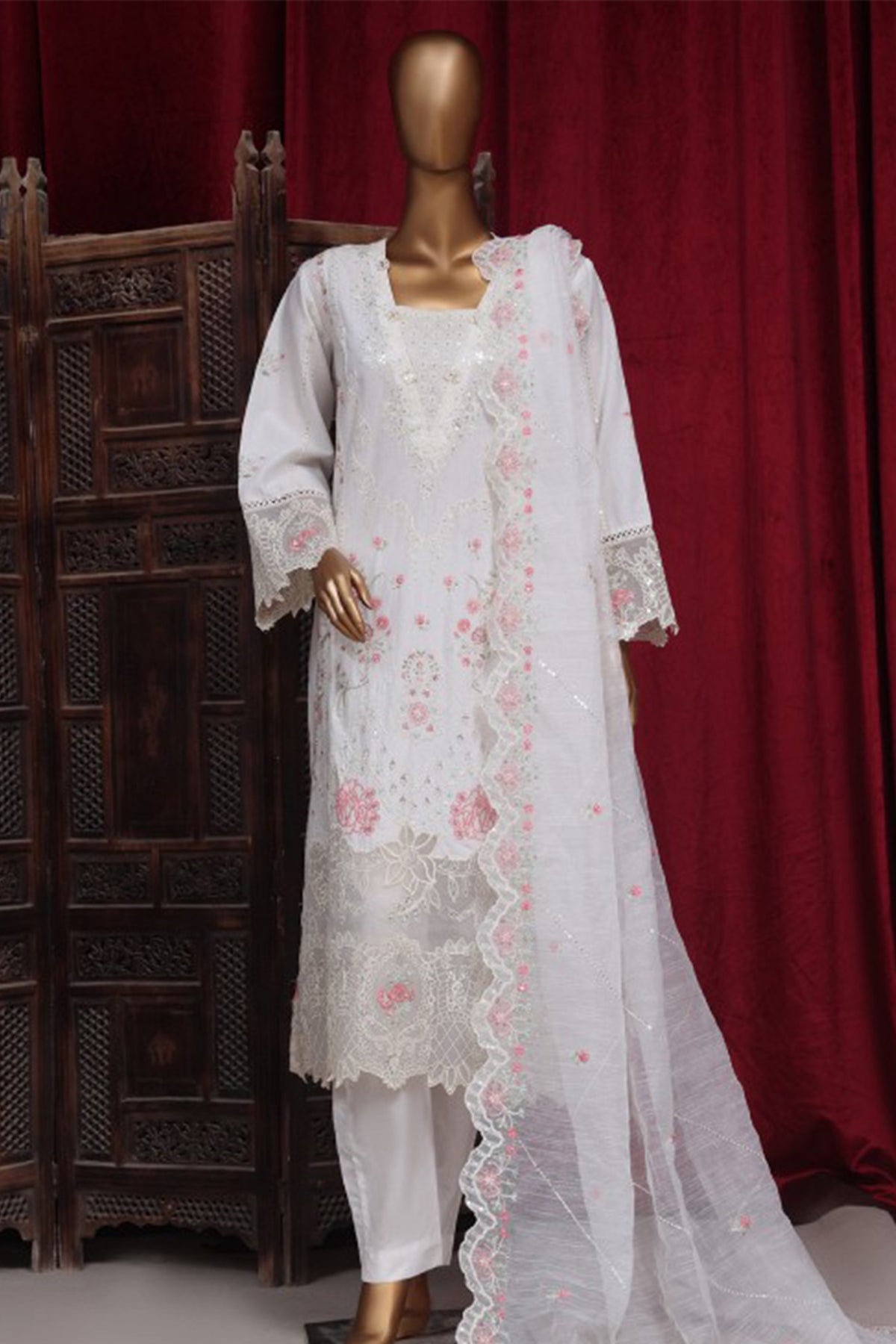 Bin Saeed Stitched 3 Piece Luxury Plain Emb Cotton Vol-03 Collection-LF-1811-White