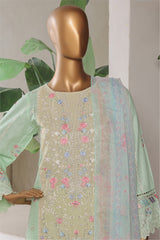 Mannequin wearing a light green embroidered outfit with a floral pattern against a neutral background.