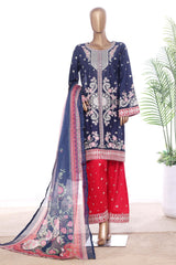 Bin Saeed Stitched 3 Piece Luxury Emb Lawn With Contrass Emb Shalwar & Bellbottom Suit-LF-3200-N.BLUE