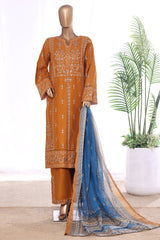 Bin Saeed Stitched 3 Piece Luxury Emb Lawn With Contrass Emb Shalwar & Bellbottom Suit-LF-3201-MUSTARD