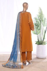 Bin Saeed Stitched 3 Piece Luxury Emb Lawn With Contrass Emb Shalwar & Bellbottom Suit-LF-3201-MUSTARD