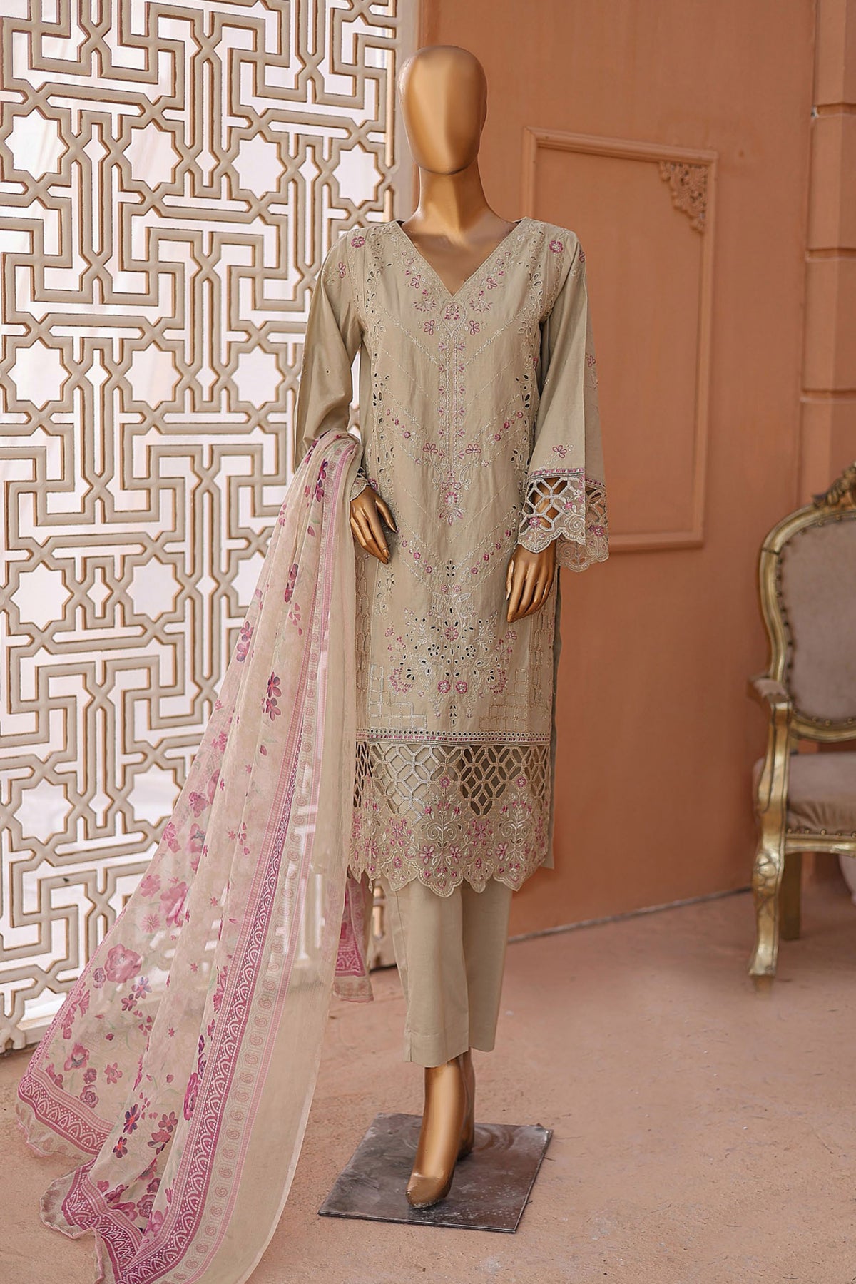 Bin Saeed Stitched 3 Piece Luxury Emb Lawn Collection'2024-LF-651-Beige