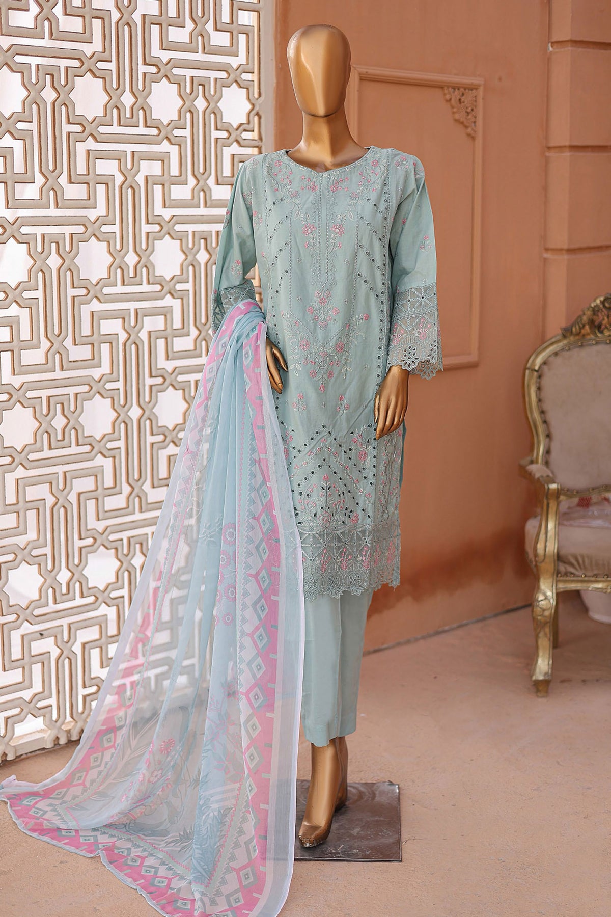 Bin Saeed Stitched 3 Piece Luxury Emb Lawn Collection'2024-LF-653-Sky Blue